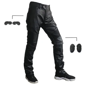 

Men Boy Motorcycle PU Leather Biker Comfortable Pants Riding Breathability Trousers W/ Hip and Knee Protectors Pads Black