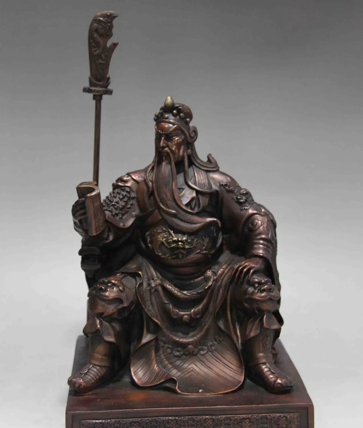 

free shipping Chinese Folk Pure Red Copper Bronze Sit Guan Gong Dragon Guan Yu Warrior Statue