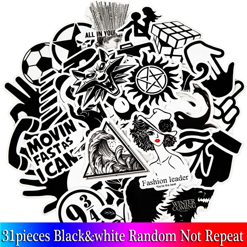 

31PCS Black And White Stickers Graffiti Funny Sticker for Laptop Skateboard Motorcycle Phone fridge Guitar Luggage Sticker