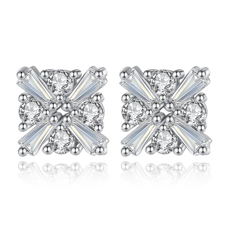 

100% 925 sterling silver fashion square crystal ladies`stud earrings jewelry women female wedding gift Anti allergy no fade