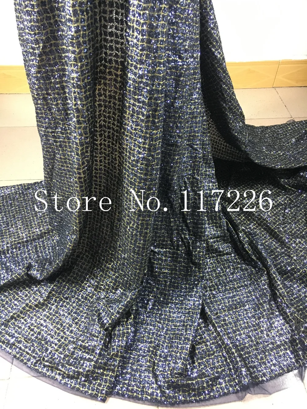 

High Quality glued glitter Net Lace fabric French tulle mesh Lace Fabric for wedding in dark blue color