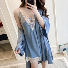 Сексуальный шелковый женский халат и платье наборы халат+ Мини Ночное платье два предмета кружева халат Свадебная пижама набор