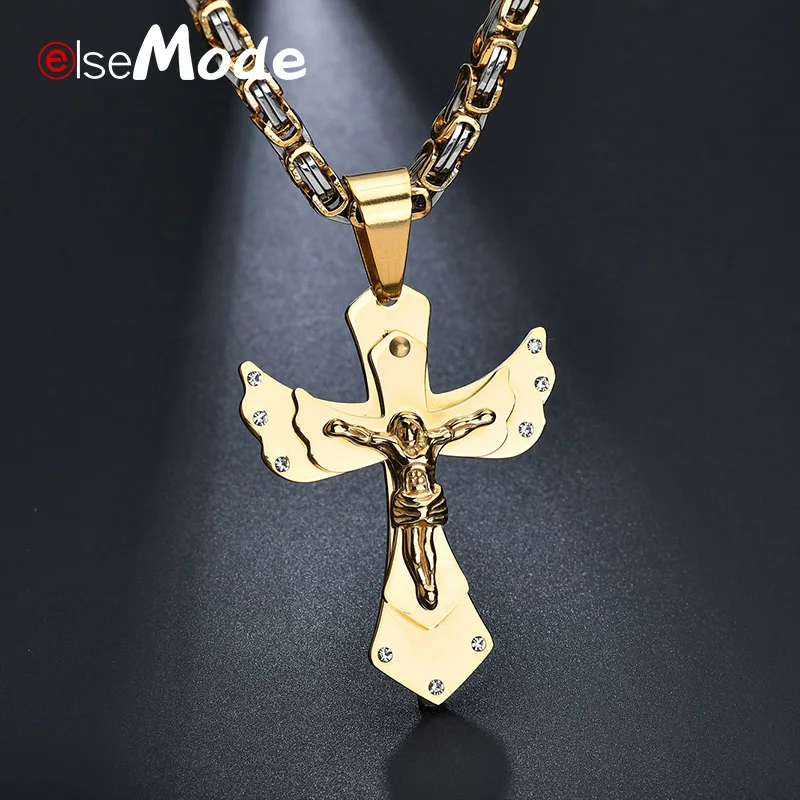 ELSEMODE CZ Stone Cross Necklace Gold Stainless Steel Byzantine