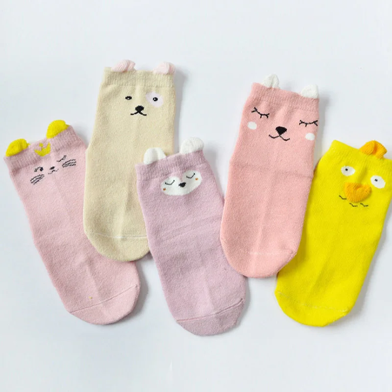 Новые носки для маленьких девочек; 5 пар/лот Весенние детские носки из чесаного хлопка Детская картонная животных для младенцев, носки для девочек воздушная мальчиков короткое замыкание Фокс носки с котенком От 0 до 5 лет