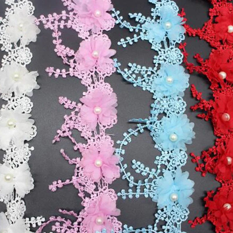 

10Yards White Red Pink Blue Yellow 3D Chiffon Rose Lace Fabric Flower Venise Pearl Wedding Deco Fringe Lace Trim DIY Craft