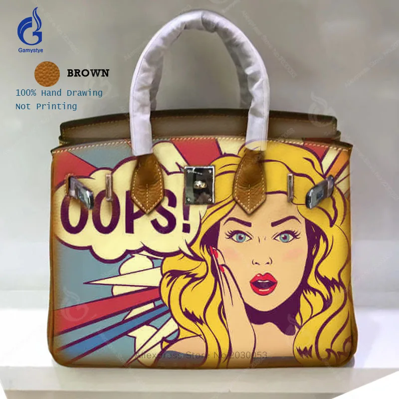 

Ladies Hand Bags 2018 Hand Painted Graffiti Art Pop Girl Handbags Women Genuine Leather Bags Top Shoulder Casual Totes Big Bag