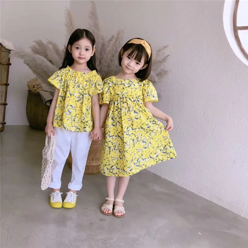 

2019 New Summer Yellow Floral Dress Baby Girls Yellow Blouse Top+White Cherry Pants Kids Clothing Set for Girl Sisters Set