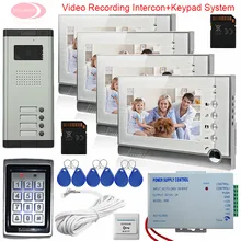 4 Apartments Intercom With Recording + SD Card 7-inch Screen Video Doorphone Intercom Home Security Keypad Access Control System