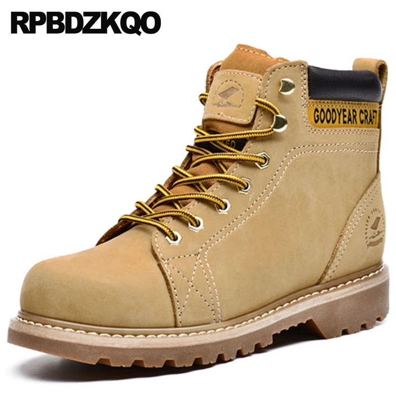 Zapatos Fornido Para Arriba Vendimia Trabajo Diseñador Botines Botas De Cuero Grano Completo 2018 La Seguridad Tobillo Piel Genuina Amarillo Trabajando Del Hombre Marrón Cómodo Moda Cima Mas de