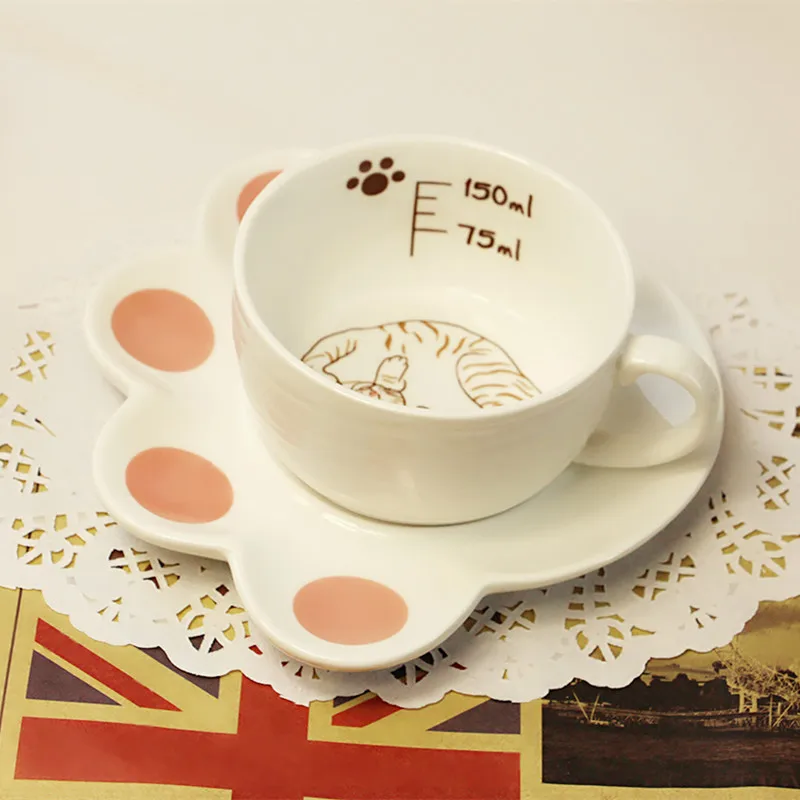 Горячая 150 мл милый кот мультфильм набор Кошелек молочный завтрак керамические чашки и тарелки кофейная чашка термостойкая чашка подарок - Цвет: C