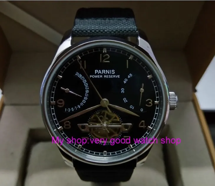 

43mm PARNIS black dial power reserve Automatic Self-Wind Mechanical movement men's watch black Nylon strap zdgd148A