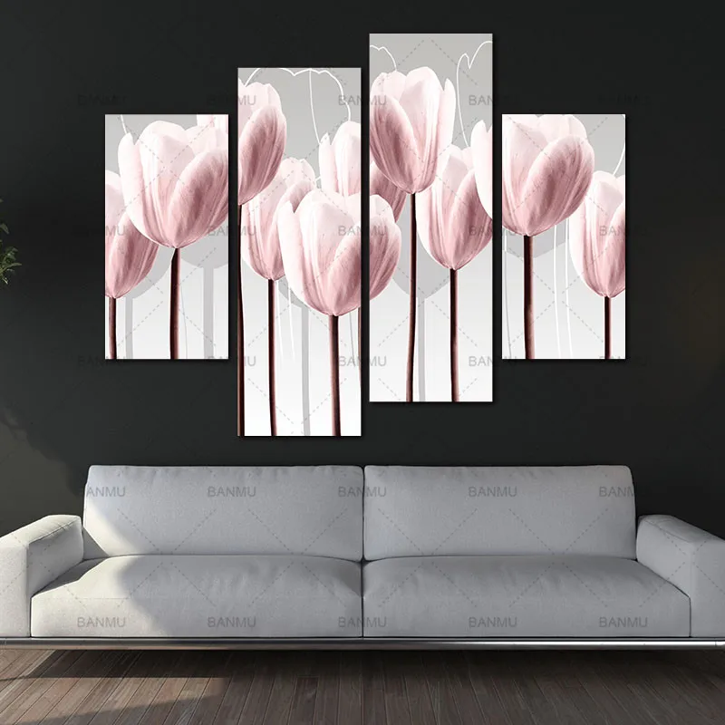 

BANMU Canvas Wall Art Picture Print on 4 Piece Canvas Art Green Pink Painting Home DecorFor Living Room Modular picture no frame