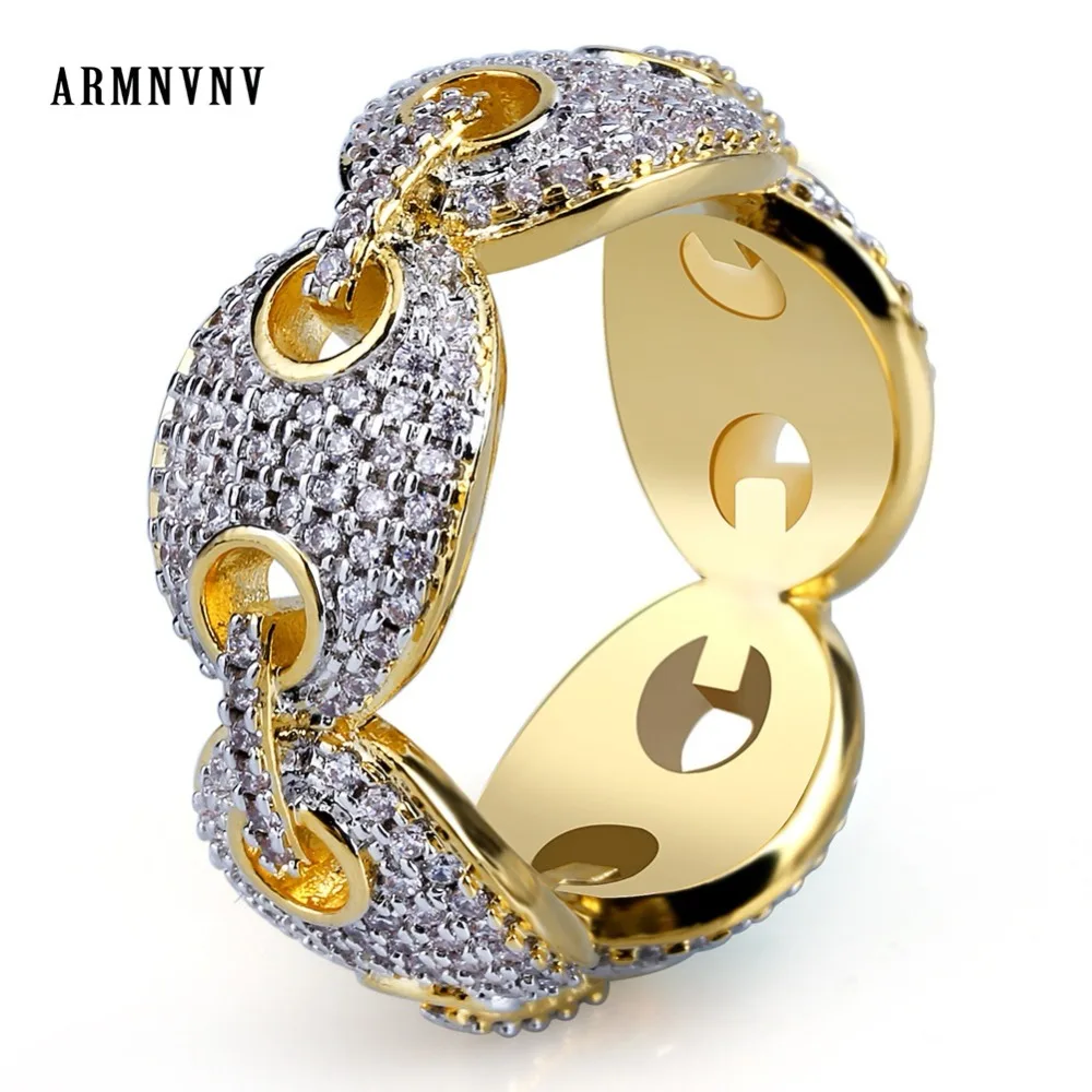ARMNVNV 2018 Hip Hop Ring Iced Out Micro Pave Zircon Chain Link Gold Color Plated Bling Jewelry for Men Women | Украшения и