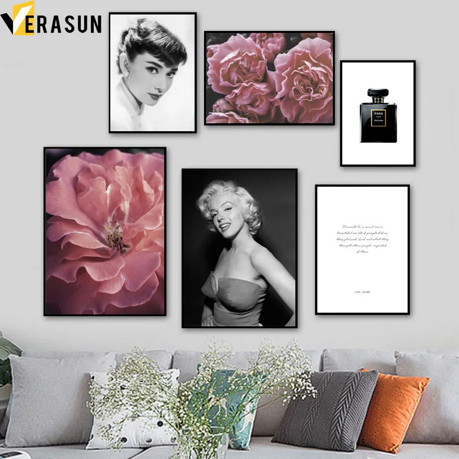 

Hepburn Marilyn Monroe Paris Perfume Peony Wall Art Canvas Painting Nordic Posters And Prints Wall Picture For Living Room Decor