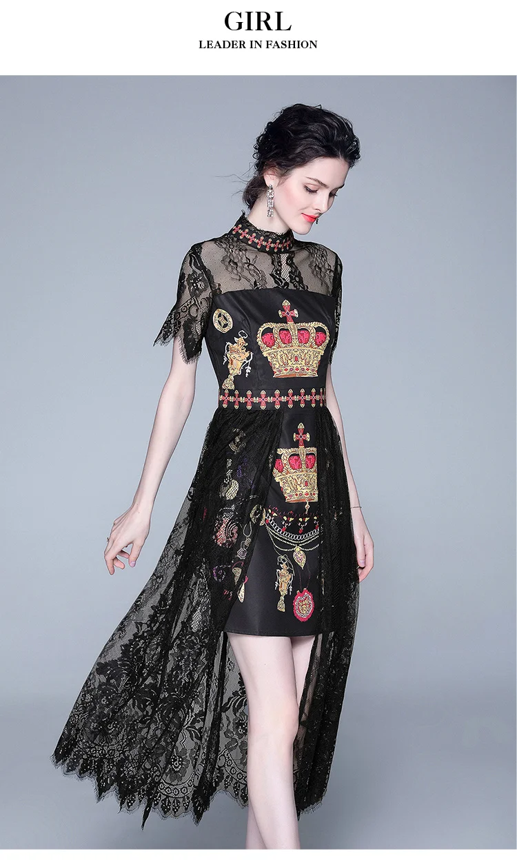 Летнее дизайнерское модное элегантное платье для женщин с коротким рукавом и стоячим воротником, винтажное кружевное платье с принтом в стиле пэчворк Vestidos
