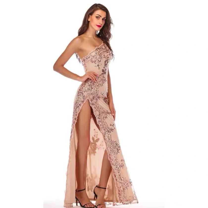 

2019 New Women Maxi Sequined elegance One-Shoulder dress Vestidos Celebrity Evening Party Ankle-Length Bodycon Bandage Dresses