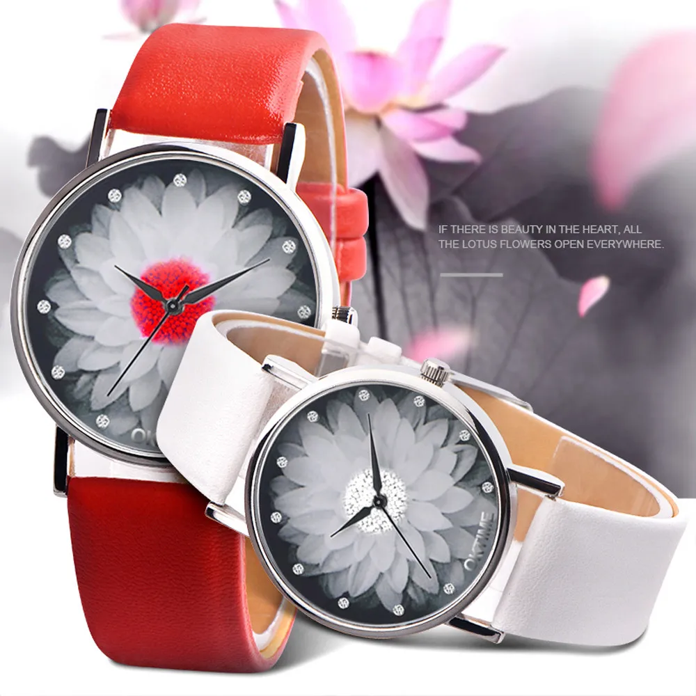 Новая мода Дикий Стиль Женские часы цветок лотоса повседневные кожаные кварцевые наручные часы кварцевые часы подарок Relogio Feminino# A