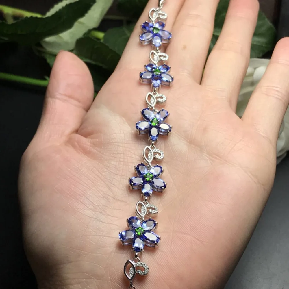 Tanzanite bleu naturel gemme mode luxueux fleur Bracelet naturel diopside Bracelet 925 argent brace