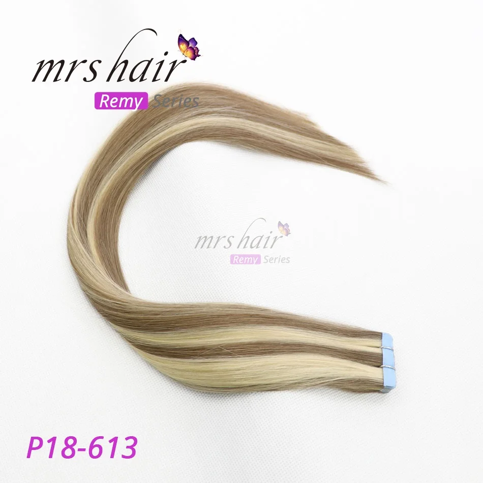 Mrs Hair Remy лента для наращивания волос 1" 18" 2" 20 шт. прямые человеческие волосы на клей блонд для наращивания бесшовные волосы черный - Цвет: # P18/613