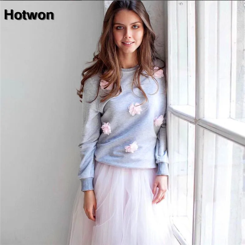 2 Colors Women Solid Floral Cute sweatshirts long sleeve