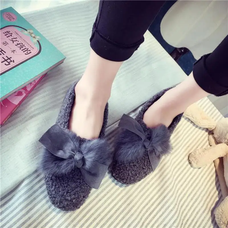 

Sweet Butterfly-knot Fur Loafers Girls Lady Shoes Shallow Autumn Cotton Sheos Women Slip On Flats Casual Round Toe Zapatos Mujer