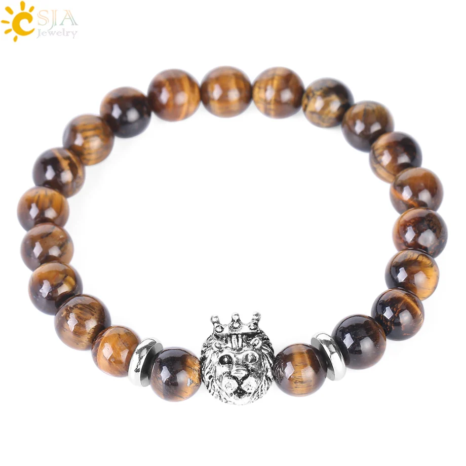 

CSJA 8MM Mala Rosary Beads Tiger Eye Bracelets Natural Stone Lion Head Buddha Reiki Chakra Meditation Friendship Jewellery F414