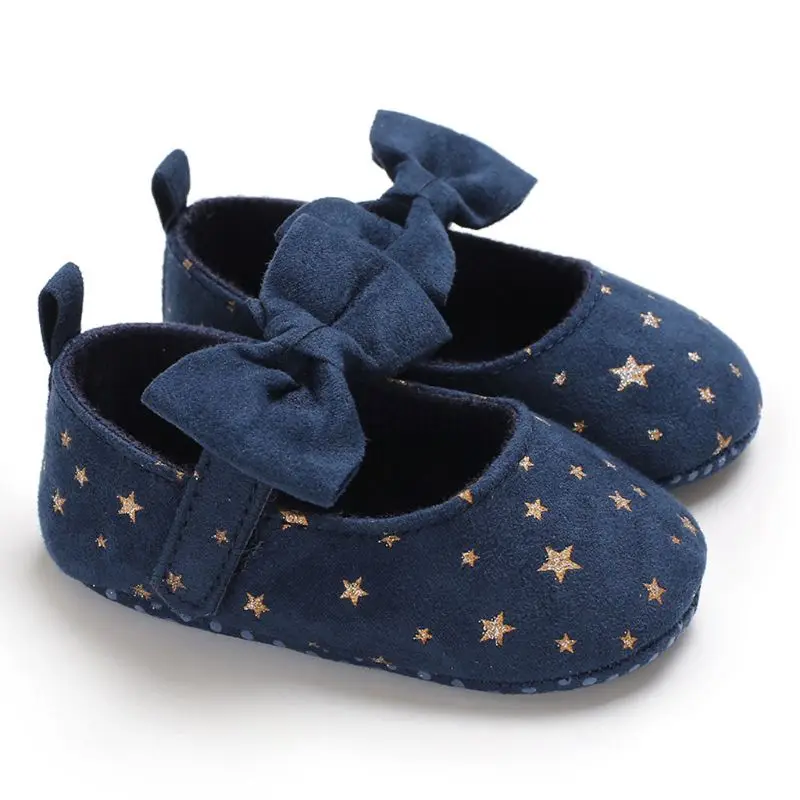 Цветочные кроссовки для новорожденных девочек; Повседневная хлопковая обувь с бантом для малышей; кожаная обувь принцессы с блестками и звездами для маленьких девочек 0-18 месяцев - Цвет: Синий