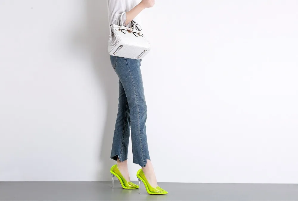AIYKAZYSDL/летние женские босоножки неонового зеленого цвета; флуоресцентные прозрачные туфли-лодочки на тонком высоком каблуке с острым носком; туфли-лодочки на шпильке