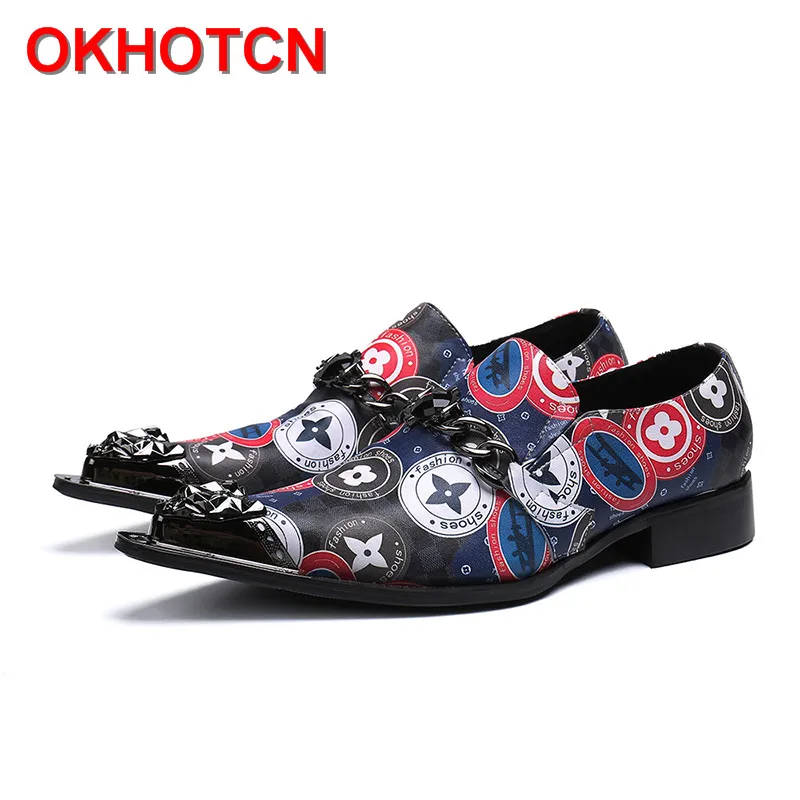 Business Couro Metal Azul Sapatas Fashion Casual Pé Moda De Em Dedo Dos Men's Sapatos Nova Deslizamento Cadeia Do Impressão Da Decorado Homens Partido w45qYCccXx