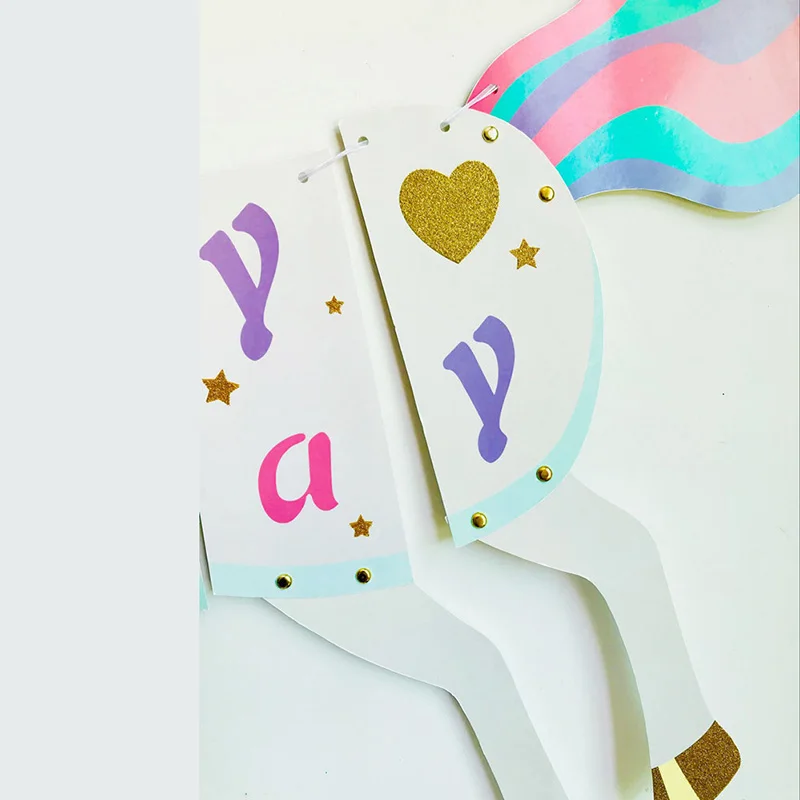 1pc Cartoon Unicorn Happy Birthday Banner Party Paper Flags  For Kids Birthday Decoration Party Supplies