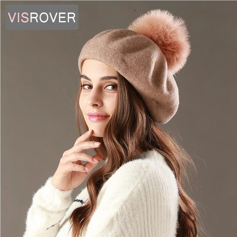 

VISROVER new beret hat female winter knitted wool cap fake fur pompom hat solid color top quality Women Boina Feminina