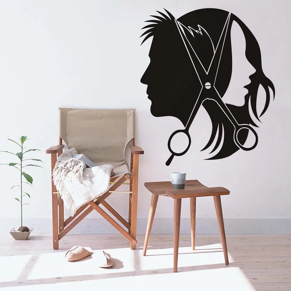 Haar Salon Wand Aufkleber Vinyl Aufkleber Schöne y Mädchen Mann Friseur Schere Aufkleber Für Barber Shop Wand Decals Decor Wandbild in Haar Salon Wand