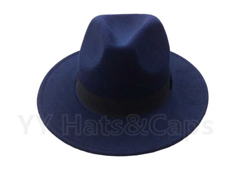 Мужская шерстяная фетровая шляпа с козырьком, Трилби, Женская винтажная шерстяная Панама, фетровая Кепка, шерстяная фетровая шляпа, джазовые шляпы, 14 цветов, YY0397 - Цвет: Navy fedora hats