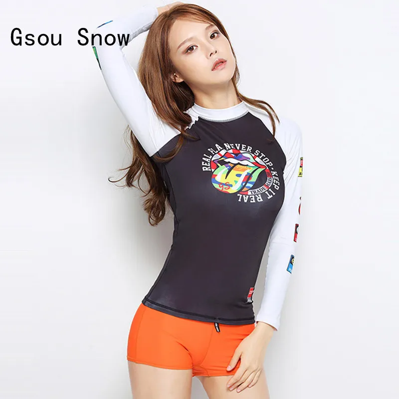 

Gsou Snow Two-Picecs Swimsuits Women's Long Sleeve Wetsuit Surfing Quick Dry Rash Guards Beach Sunscreen Diving Suit Swimwear