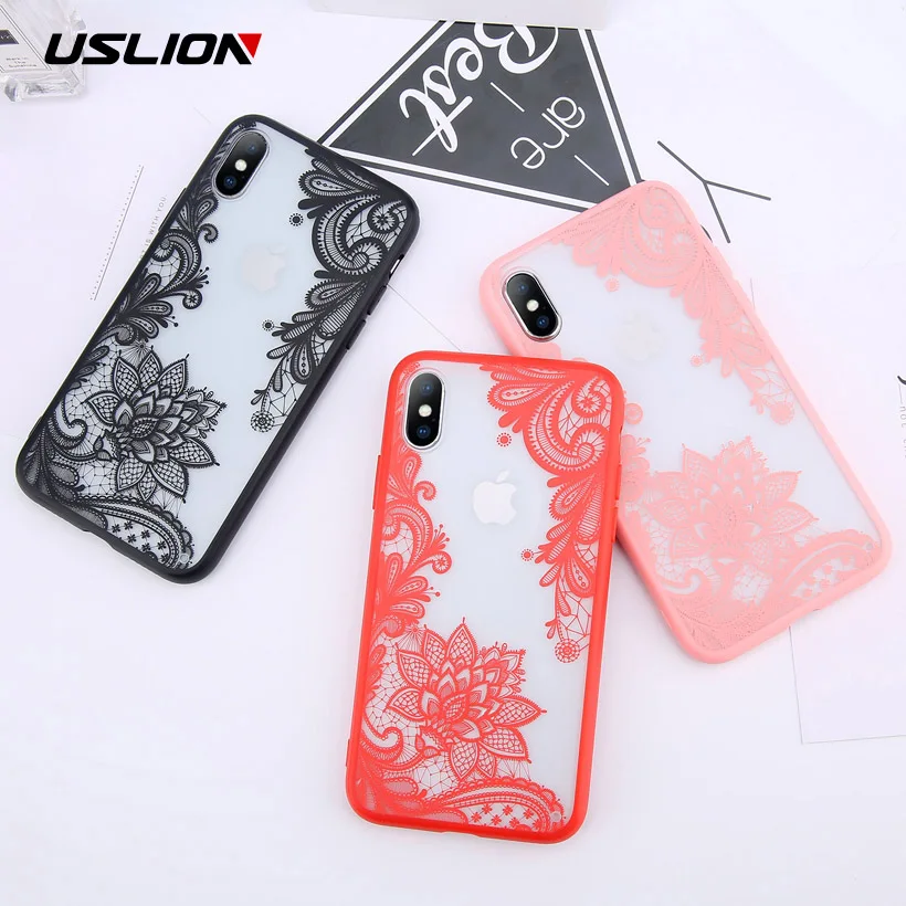 

USLION Sexy Floral Case Cover For iPhone X XS XR Xs Max TPU and PC Clear Lace Flower Phone Case For iPhone 6 6s 7 8 Plus