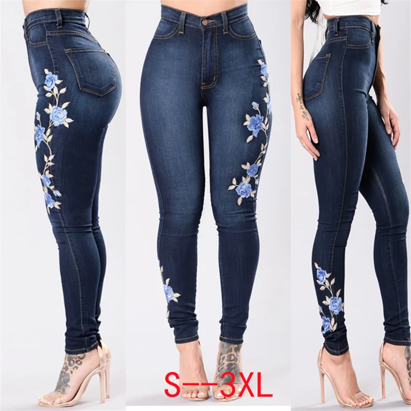 

2019 Imitation Denim Jeans High Waist Flower print Jeans Plus Size Street Style Sexy Pencil Pants femme Women Clothes