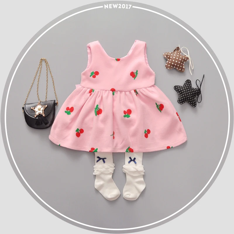 

Autumn Girls Clothes Toddler Girl Dress Cherry Pattern Cotton Sleeveless Back V Ribbon Baby Clothing 1-3y