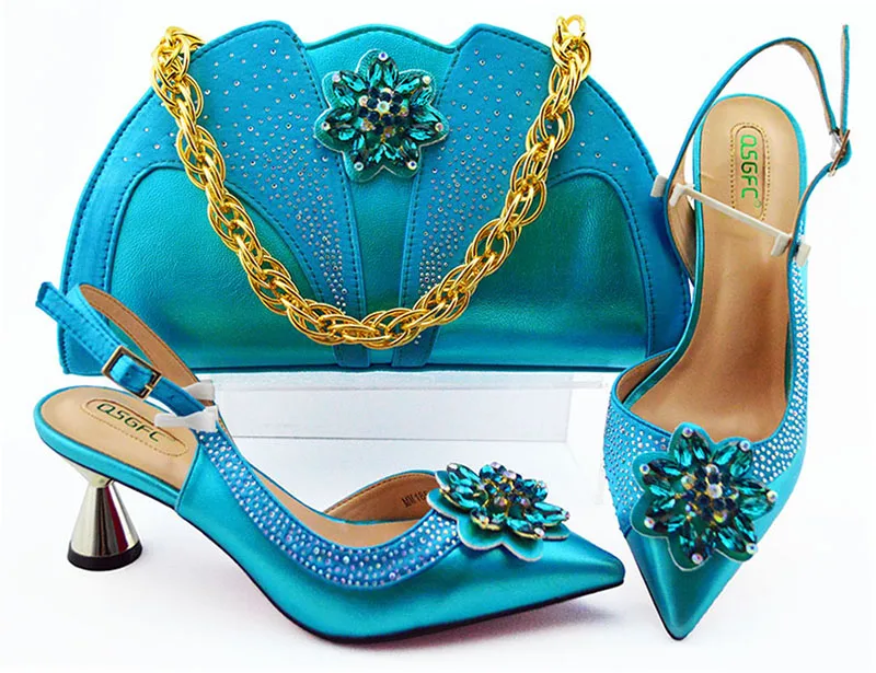 

2019 Newest Shoe and Bag Set in Italy Shoes and Bag Set African Sets Italian Matching Shoes and Bag Set with Crystal Sky blue