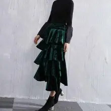 Новая модная женская бархатная юбка с оборками с завышенной талией сзади сплит юбки осень зима миди винтажные юбки для женщин