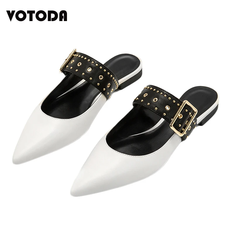 

Women Sexy Pointed Metal Rivets Slides Fashion Buckle Mules Sandals Slippers Casual Flat Shoes Ladies Outside Slip On Flip Flops