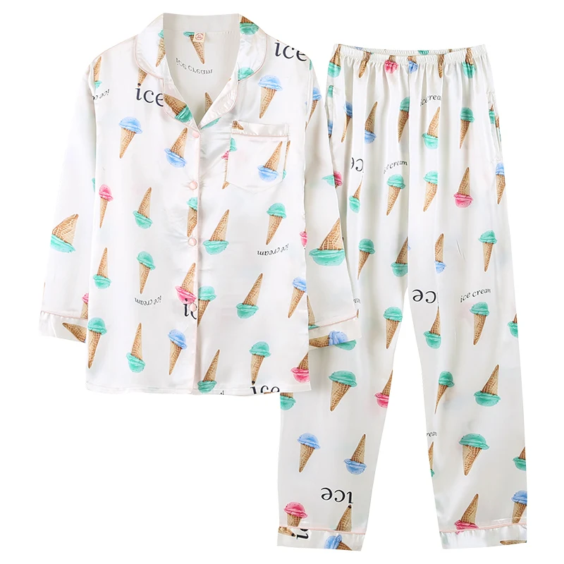 Buy New Pajama Sets Women Satin Ice cream printing 2