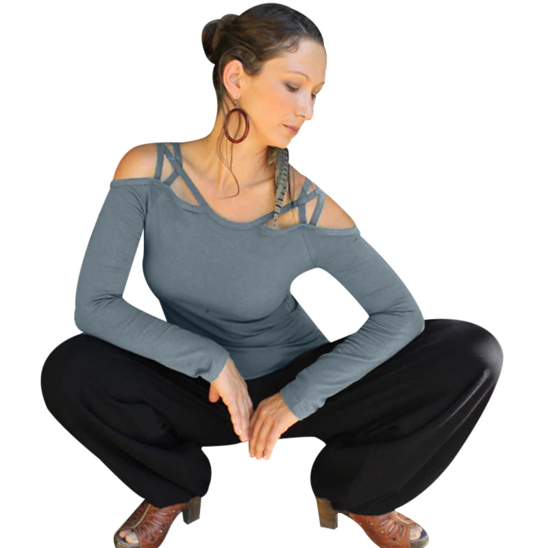 الأزياء قبالة الكتف قميص المرأة الخريف طويلة الأكمام القمصان النسائية الجوف خارج تي قمم السيدات سليم الصلبة تي شيرت blusas f3