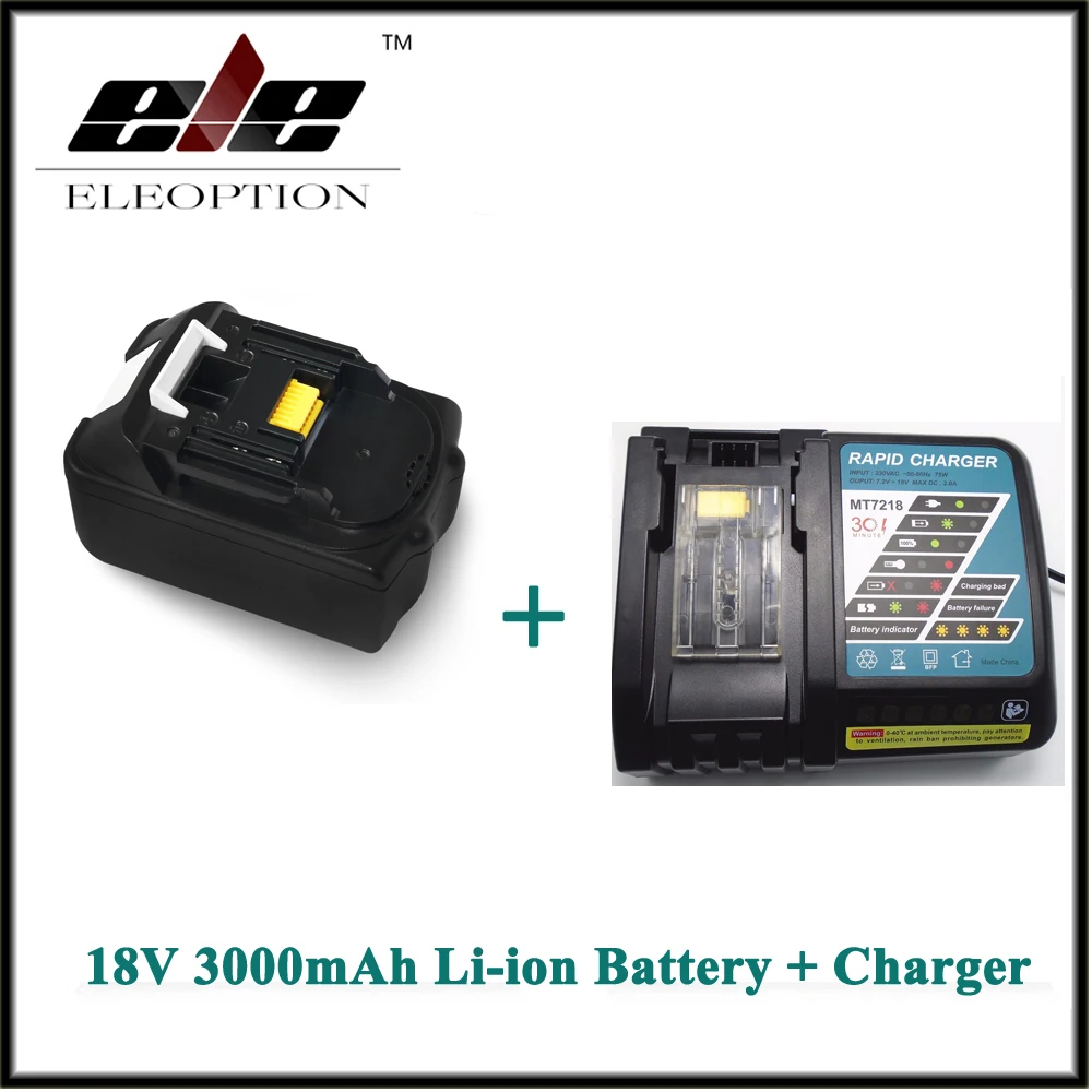 Eleoption for Makita 18V 3000mAh 3.0Ah Lithium-ion Recharegeable Power Tool Battery for BL1830 BL1840 + Charger