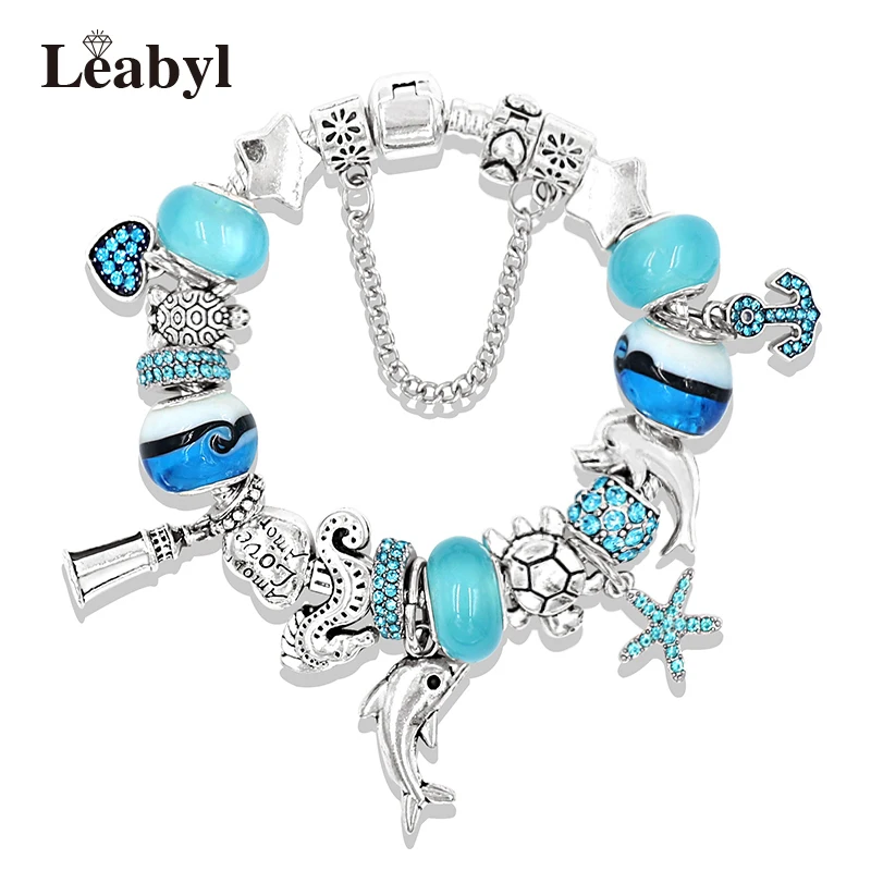 Dolphin Charm Bracelets Women Jewelry Gift Blue Murano Crystal Glass Diy Bead