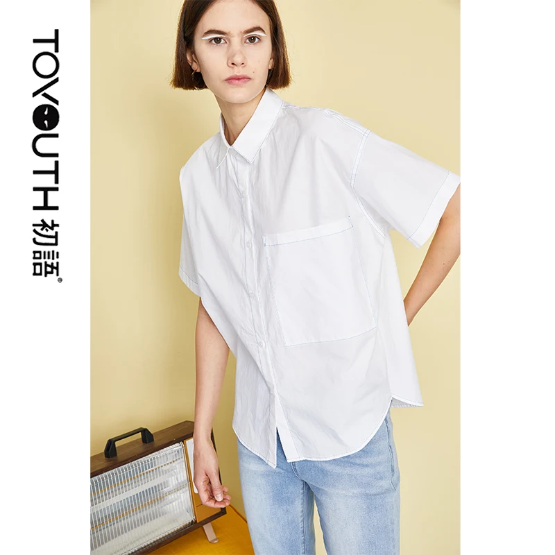 Toyouth для женщин отложной воротник сплошной цвет хлопок короткий рукав корейский стиль Рабочая одежда OL блузка рубашка