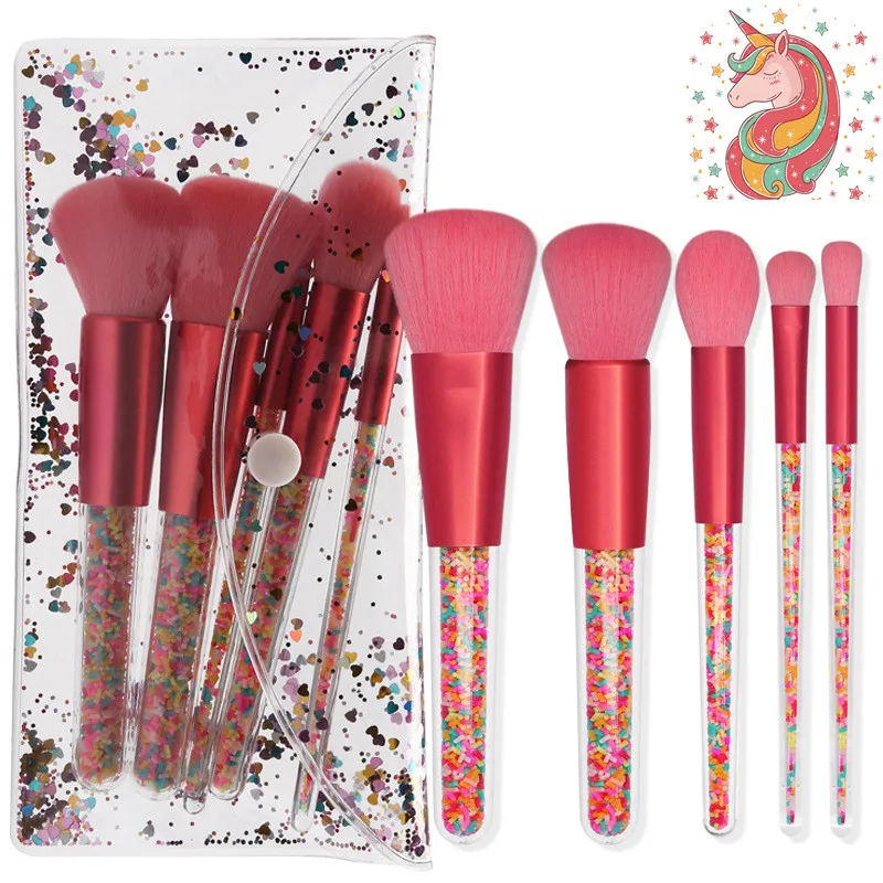 

5PCS Glitter Unicorn Makeup Brushes Crystal Brush with Candy handle blending Powder foundation Brush eye shadow Brushes kits