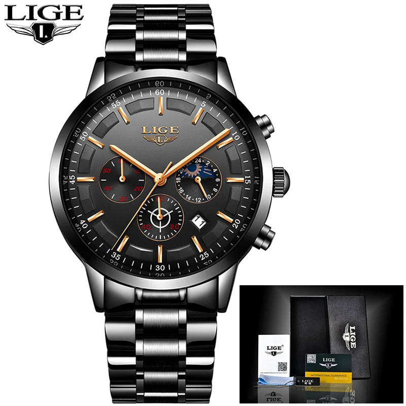 

LIGE New Top Luxury Brand Watches mens Sport waterproof watch men stainless steel strap all steel quartz Clock Relogio Masculino