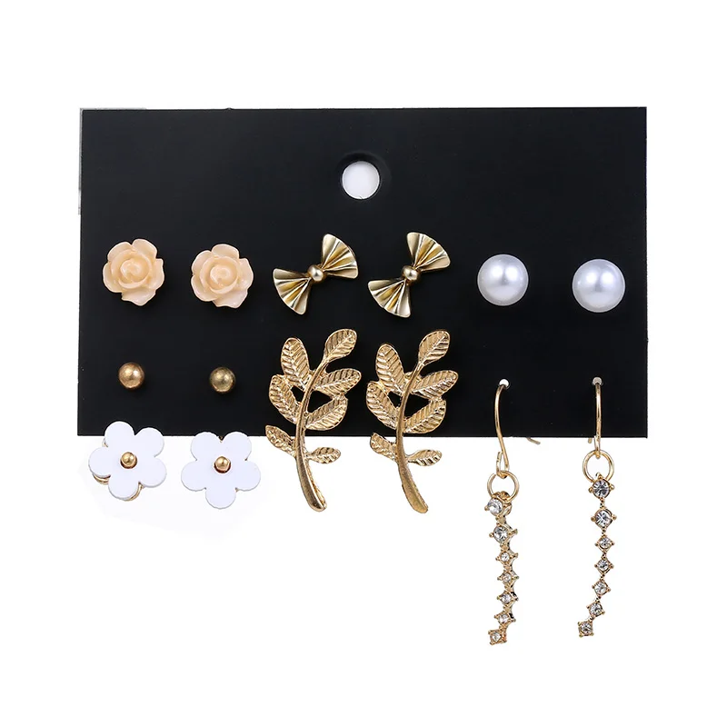 

YANG&RH 6 Pairs/lot Elegant Simulated Pearl Crystal Stud Earrings for Women Girl Wedding Party Gift Gold Leaf Flower Earrings