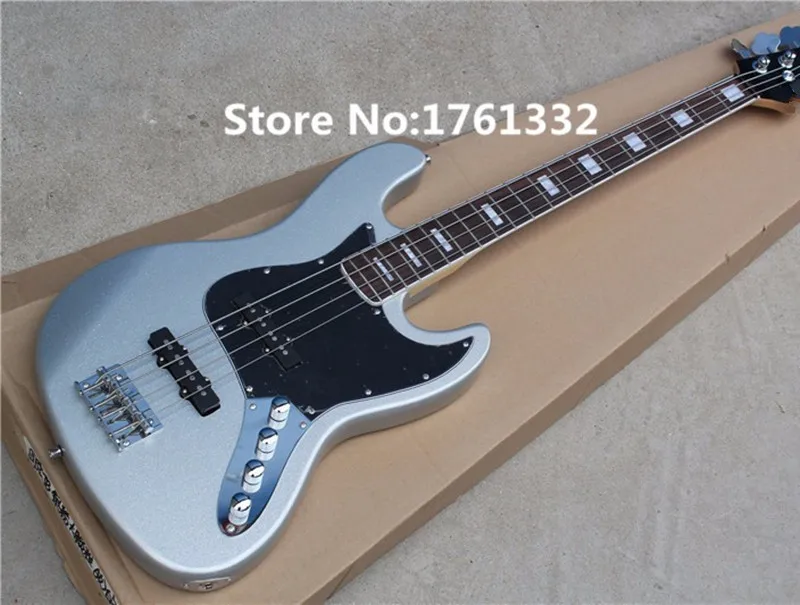 Factory custom 20 frets silvery body electric guitar with string-thru-body,black pickguard,rosewood fingerboard,can be changed