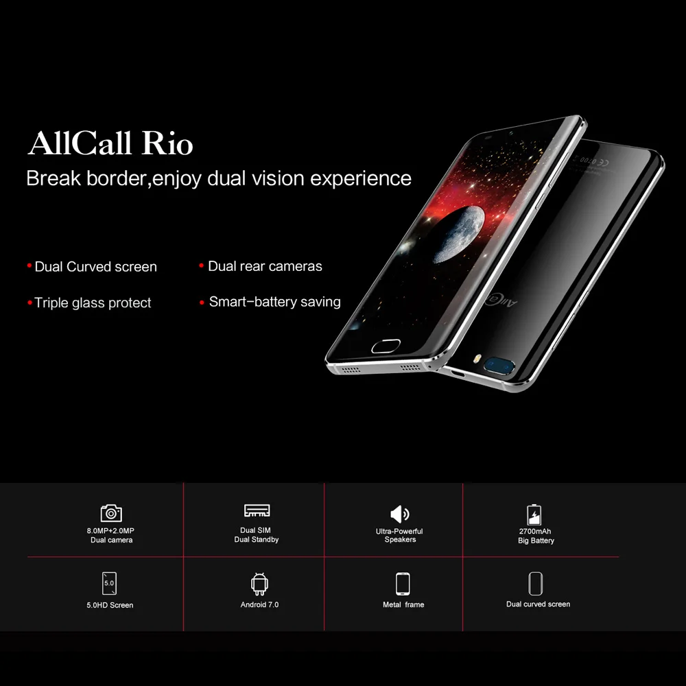AllCall Rio OTG Смартфон 5," HD изогнутый экран Android 7,0 MTK6580A четырехъядерный 1 Гб+ 16 Гб 8 Мп двойная задняя камера 3G мобильный телефон